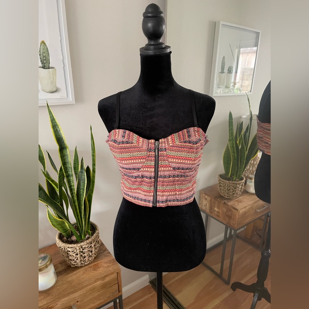 Forever 21 Zip Up Boho Red Multi Color Crop Top